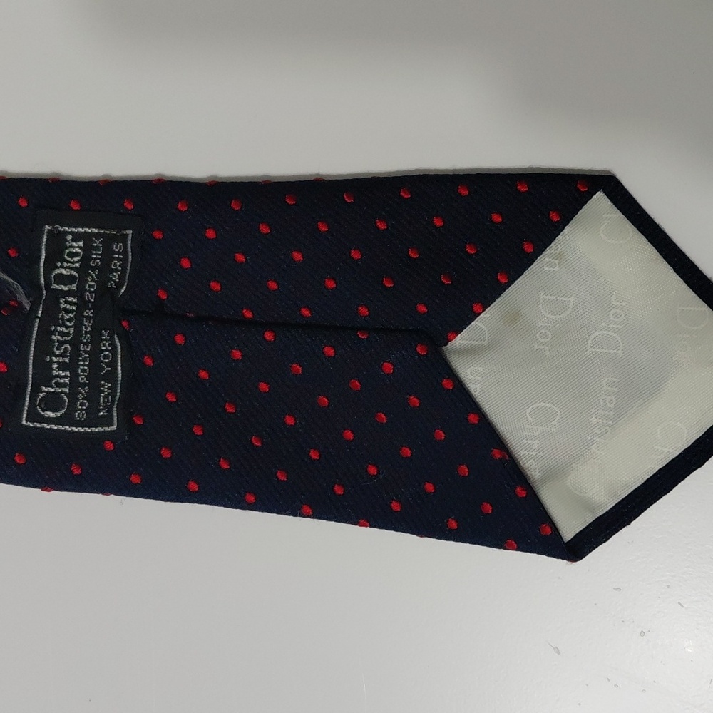 Christian Dior Elegant Navy and Red Polka Dot Tie Poluester And Silk - Picture 3 of 3